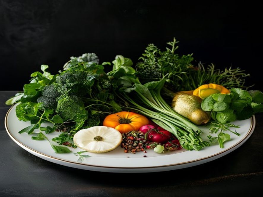 Skrivbord med näringstabell och gröna ingredienser